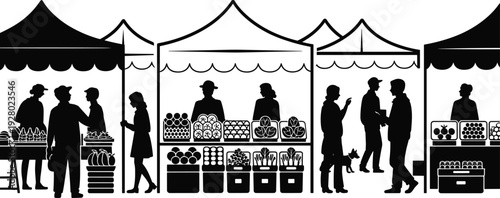 Farmers market silhouette with outdoor food stalls vendors and customers buying fresh fruits and vegetables isolated on white background vector illustration