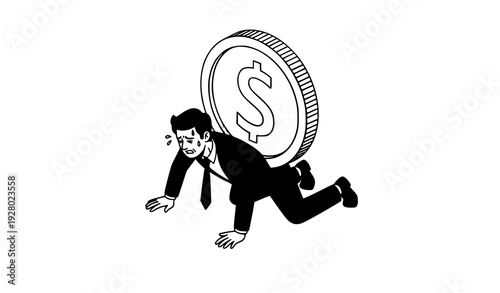 Isometric businessman under heavy dollar coin financial stress vector