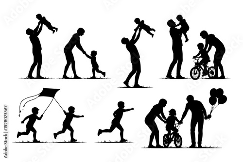 Silhouette of family activities: parents and children bonding outdoors.