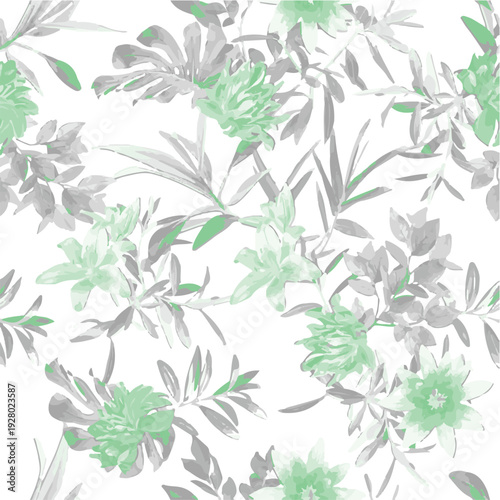 botanic seamless pattern with exotic flowers and leaves, hand drawn background. floral pattern. Tile with tropical leaf