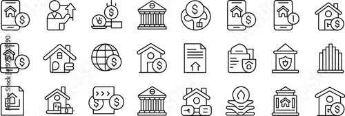 Mega icon set featuring restaurant service, food delivery, healthy snacks, mobile technology, public bus transport, and real estate financial business symbols.
