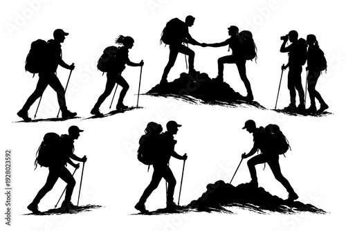 Silhouettes of adventurous hikers climbing and exploring in various poses.