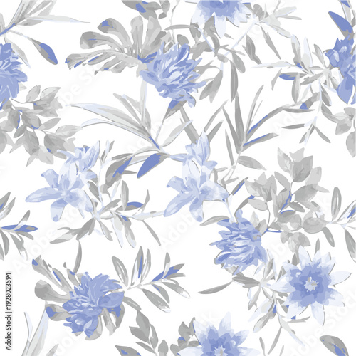 botanic seamless pattern with exotic flowers and leaves, hand drawn background. floral pattern. Tile with tropical leaf