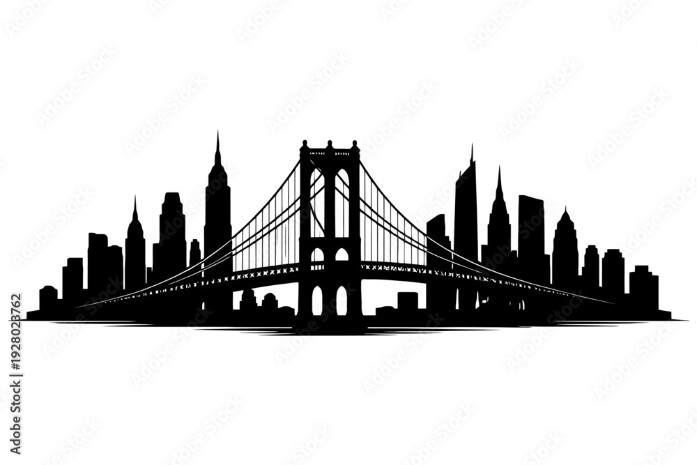 Fototapeta premium Silhouette of iconic suspension bridge with city skyline in the background.