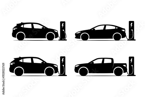 Electric vehicles charging silhouettes featuring suv, sedan, pickup.