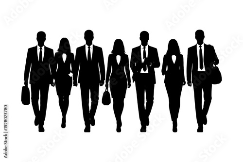 Professional business team silhouette walking with briefcases.