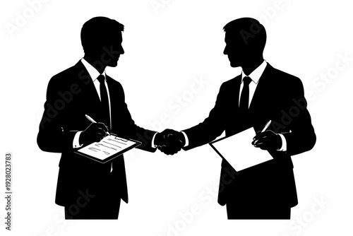 Silhouette of two caucasian adult males in business suits shaking hands with documents.