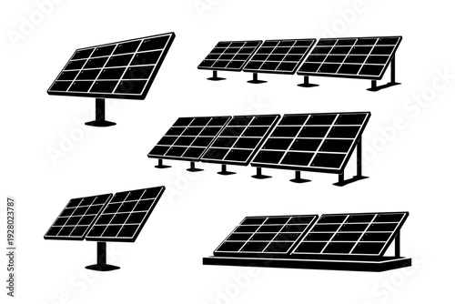 Collection of black silhouette solar panel designs on white background.