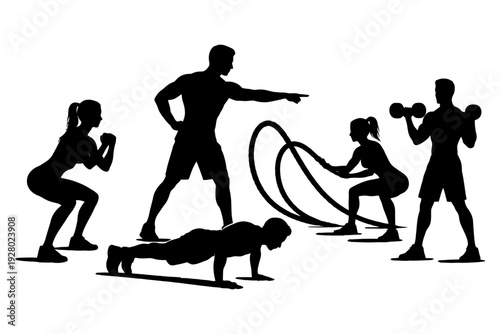 Silhouette of diverse adults in fitness training poses with exercise equipment.