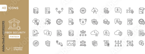 cybersecurity, fintech, line icons, editable stroke, vector icons, icon set, cyber security, financial technology, security icons, fintech icons, data protection, encryption, shield, lock