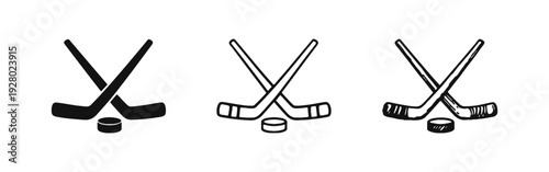 Ice Hockey Sticks and Puck Icons Set. Sport Game Equipment Symbol. Flat, Line, and Hand-drawn Vector Illustration.