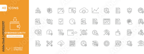 40 Cybersecurity & Cryptocurrency Line Icons Set – Data Protection, Blockchain Security, Digital Wallet, Cloud Security Minimal Outline Vector Pack with Editable Strokes