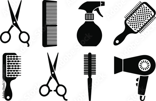Professional hair salon and barber tool icons set isolated on white background, hairdressing equipment scissors combs and hairdryer vector illustration