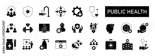 Public Health Icon Set featuring Healthcare, Disease Prevention, social medicine, education, and Community Medicine Symbols.