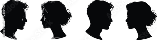 Male and female face profile silhouettes isolated on white background black vector illustration set of human head side views