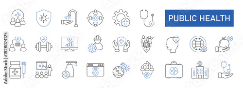Public Health Icon Set featuring Healthcare, Disease Prevention, social medicine, education, and Community Medicine Symbols.