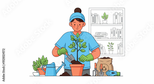 Illustration of a person planting a green plant in a pot on a table with gardening tools and a watering can in a simple, line-drawn style with a clean and minimalist background.