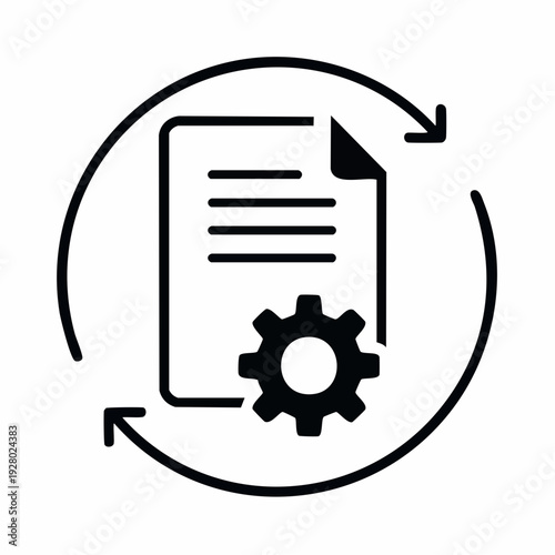 Black line icon of a document with a gear and circular arrows on a white background, conveying a concept of document processing or workflow.