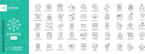 Crypto & NFT Line Icons Set – 45 Editable Stroke Outline Icons for Blockchain, Smart Contracts, DeFi, NFT Marketplace, Metaverse and Web3 Finance UI Design