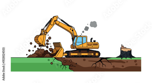 Illustration of a yellow excavator digging into the ground with a tree stump on a plain white background.