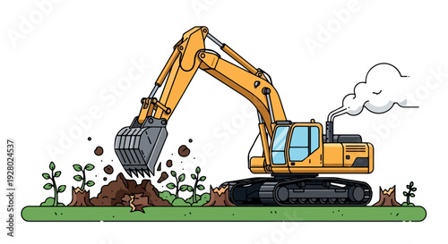 Illustration of a yellow excavator digging into a pile of dirt on a green lawn with small plants around.