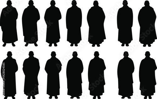Monk silhouette collection set, standing Buddhist monk figures in traditional robe isolated on white background, spiritual meditation and religion vector illustration.