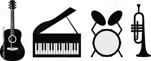 Music instruments silhouette set with acoustic guitar grand piano drum kit and trumpet isolated on white background vector illustration