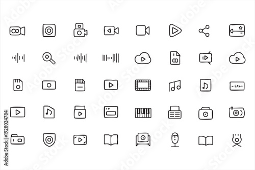 Modern Multimedia Outline Icons with Video Player and Audio Elements