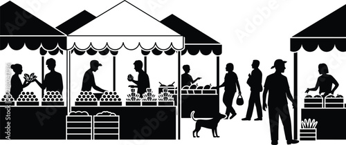 Outdoor farmers market silhouette with vendors and customers shopping fresh fruits and vegetables at food stalls isolated on white background
