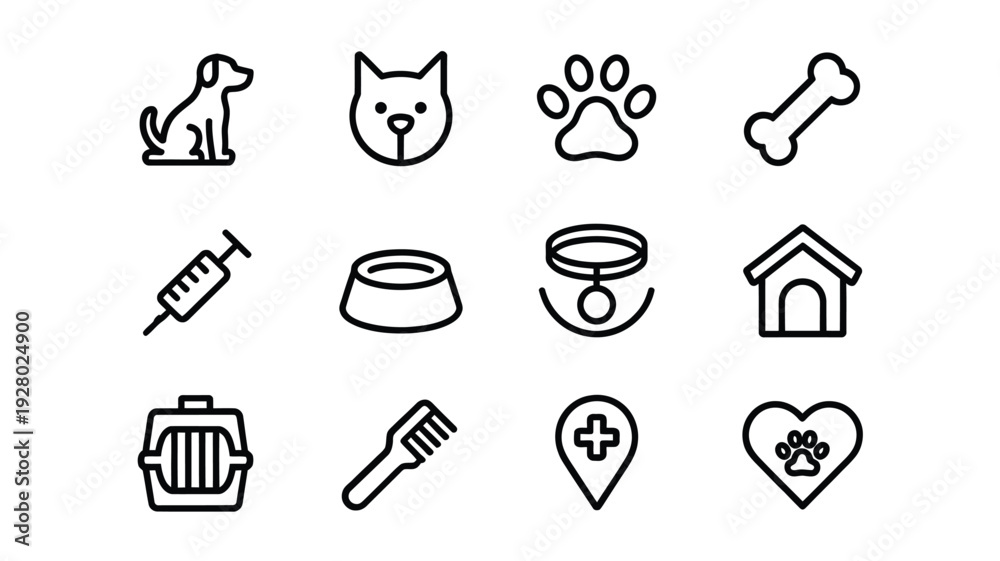Fototapeta premium Simple black line icons depicting various pet related objects and animal silhouettes