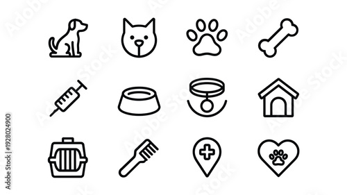 Simple black line icons depicting various pet related objects and animal silhouettes