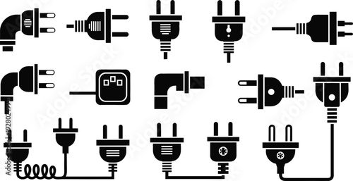 Electrical Plug and Power Cord Icon Set with Various Socket Types, Black Electricity Connector Silhouette Vector Collection