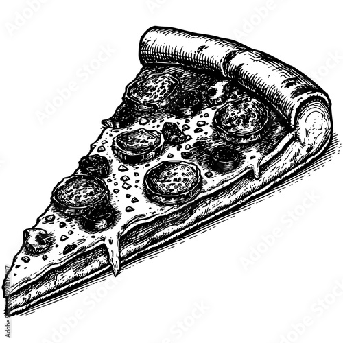 Pizza Slice: Detailed monochrome illustration of a tantalizing pizza slice, boasting a generous assortment of toppings, and dripping with melted cheese.