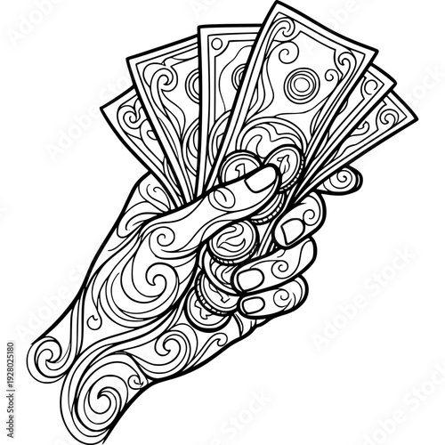 Handful of Currency: Intricate hand delicately grasping a fan of stylized currency, showcasing value and wealth, financial theme