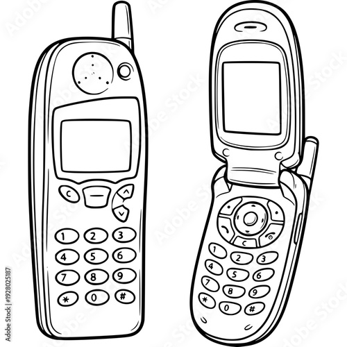 Nostalgic Flip Phone Line Art: A detailed line art illustration of a vintage flip phone, showcasing its iconic design and features. 
