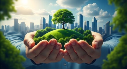 World environment day hands holding green earth with cityscape background