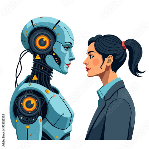 blue robotic android face to face with professional woman on transparent background, with copy space for technology blogs, websites and artificial intelligence articles