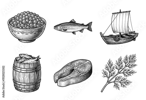 Vintage engraving style seafood collection featuring salmon fish, caviar bowl, wooden barrel, rustic sailboat, fillet steak, and fresh dill sprig.