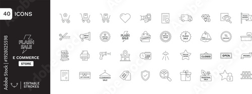 Flash Sale & E-Commerce Line Icons Set – 40 Editable Stroke Outline Icons for Online Shopping, Discount Offers, Retail Store, Promotion Badges and Marketplace UI Design