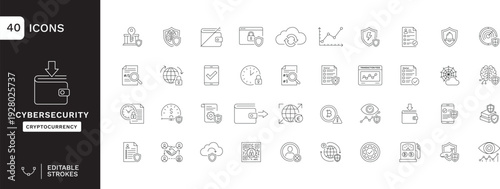 40 Cybersecurity & Cryptocurrency Line Icons Set – Data Protection, Blockchain Security, Digital Wallet, Cloud Security Minimal Outline Vector Pack with Editable Strokes