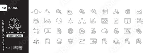Data Protection & Cybersecurity Line Icons Set – 40 Editable Stroke Outline Icons for Privacy, Encryption, Network Security, Cloud Protection and Digital Safety UI Design