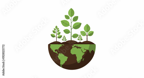 Illustration of a globe with green plants sprouting from it on a white background, symbolizing growth and environmentalism.