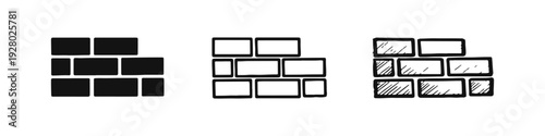 Brick Wall or Building Blocks Icons Set in Solid, Outline, and Hand Drawn Styles