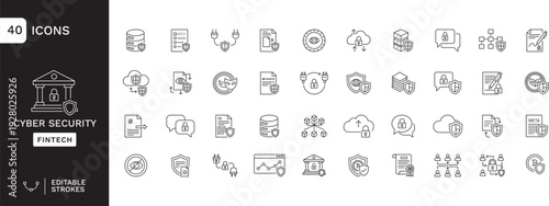 40 Cybersecurity and Fintech Line Icons Set – Editable Stroke Vector Illustration Pack with Shields, Locks, Cloud Security, Blockchain, Encryption, Data Protection and Digital Banking Symbols for Tech