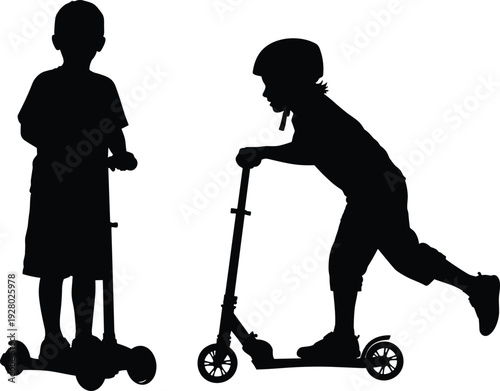 Silhouette of two young children playing together on kick scooters with safety helmet, active outdoor summer lifestyle and childhood fun isolated on white background.
