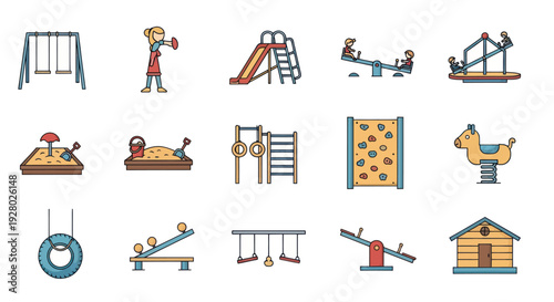 Colorful cartoon icon set of childrens playground equipment including swings slides and seesaws.