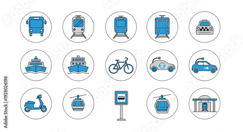 Transportation Icons Set: Bus Train Ship Bicycle Car Scooter Cable Car and Building.