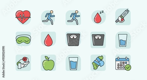 Collection of colorful health and fitness line icons for wellness and lifestyle.