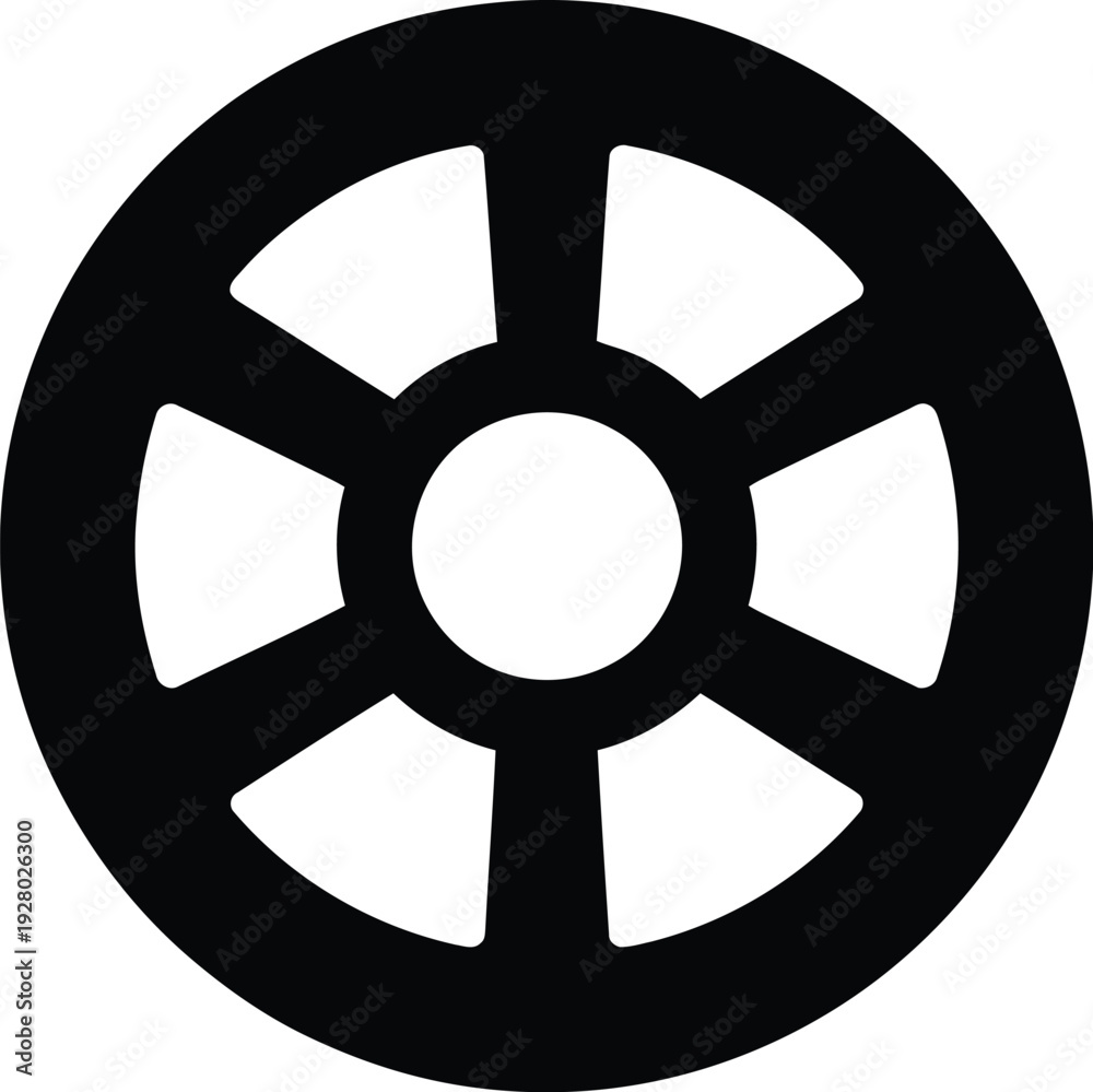 Fototapeta premium Black Six Spoke Wheel With Central Circle On White Background geometric abstract