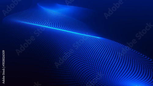 An abstract digital wave of particles. Dark background. Blue glowing dots align in undulating arcs, creating an abstract flow of energy. Vector.